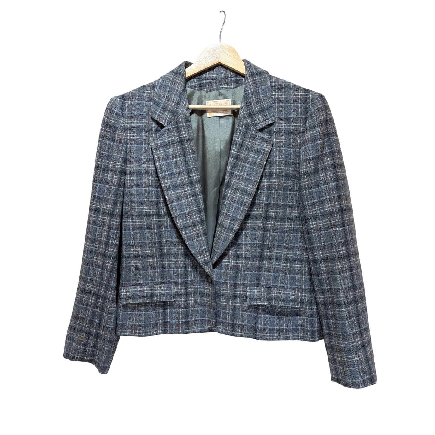 Pendleton Vintage 80s Gray Blue Tartan Plaid Cropped Tailored Blazer