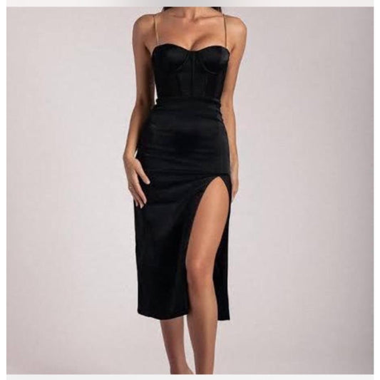 Meshki Talisa Chain Strap Satin Corset Dress With Side Slit - Black - Womens Eveningwear