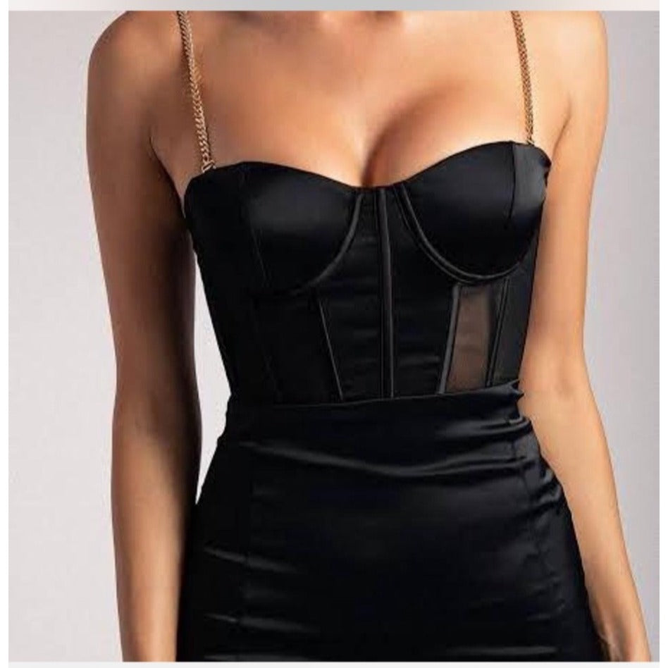 Meshki Talisa Chain Strap Satin Corset Dress With Side Slit - Black - Womens Eveningwear