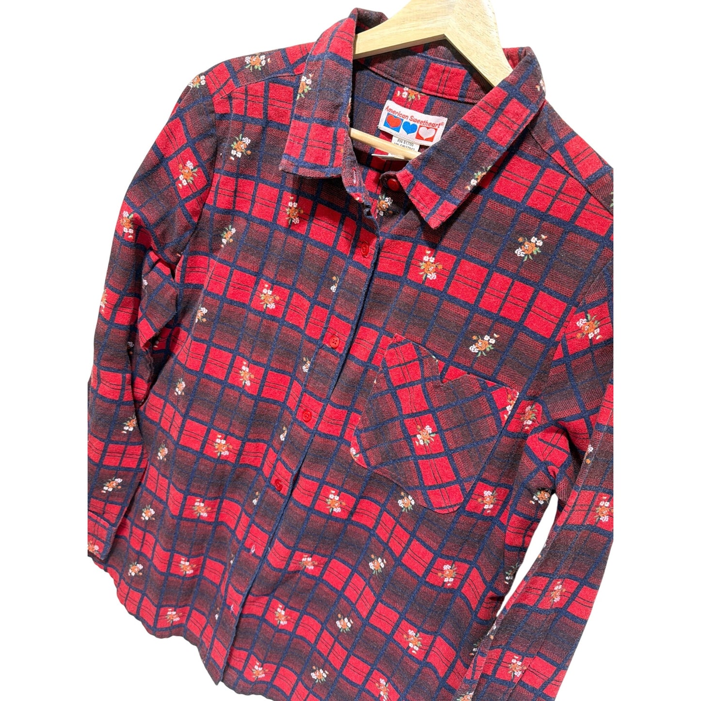 American Sweetheart Vintage 90s Red & Navy Plaid Floral Cotton Blend Flannel Shirt L
