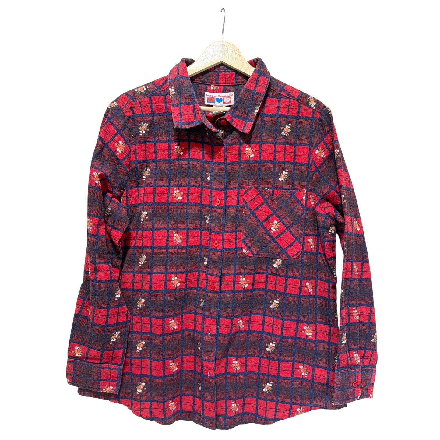 American Sweetheart Vintage 90s Red & Navy Plaid Floral Cotton Blend Flannel Shirt L