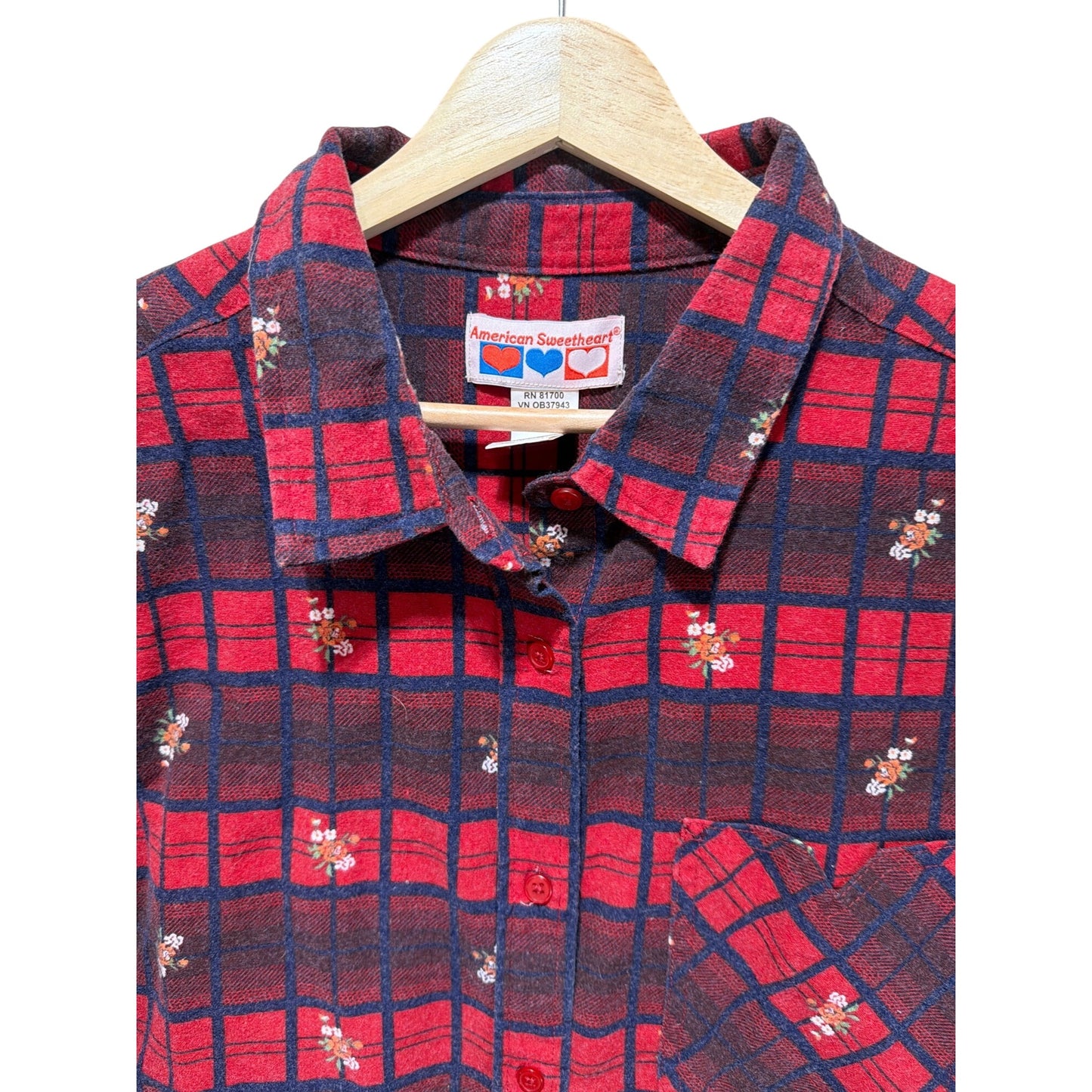 American Sweetheart Vintage 90s Red & Navy Plaid Floral Cotton Blend Flannel Shirt L