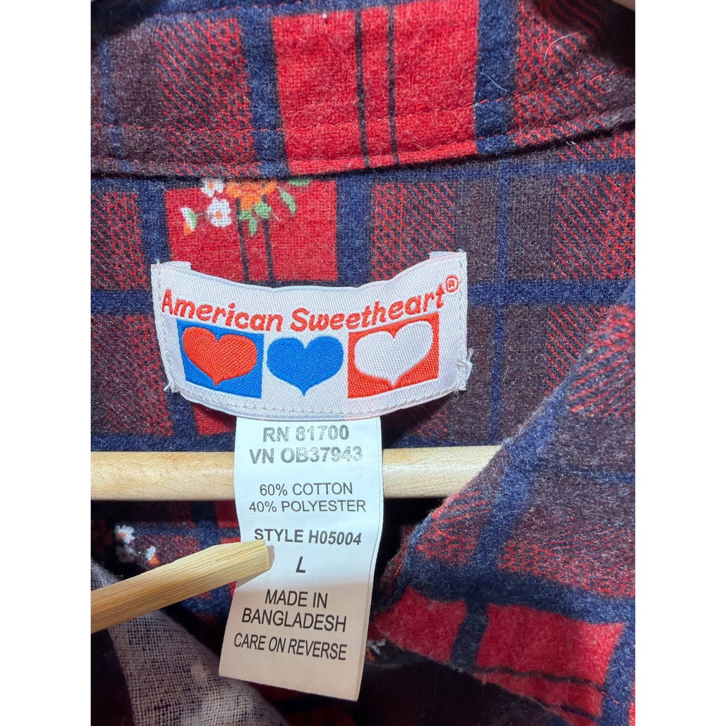 American Sweetheart Vintage 90s Red & Navy Plaid Floral Cotton Blend Flannel Shirt L