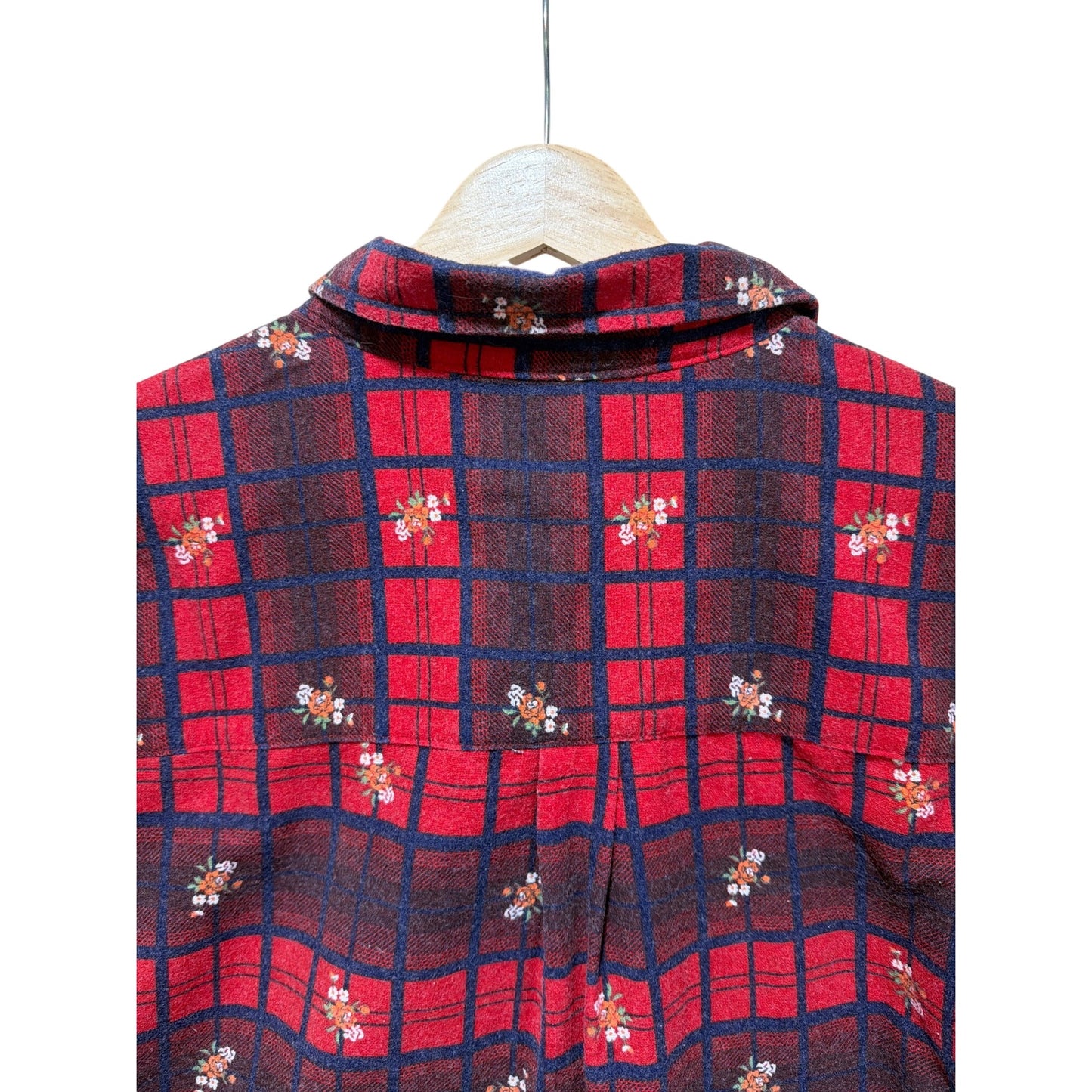American Sweetheart Vintage 90s Red & Navy Plaid Floral Cotton Blend Flannel Shirt L