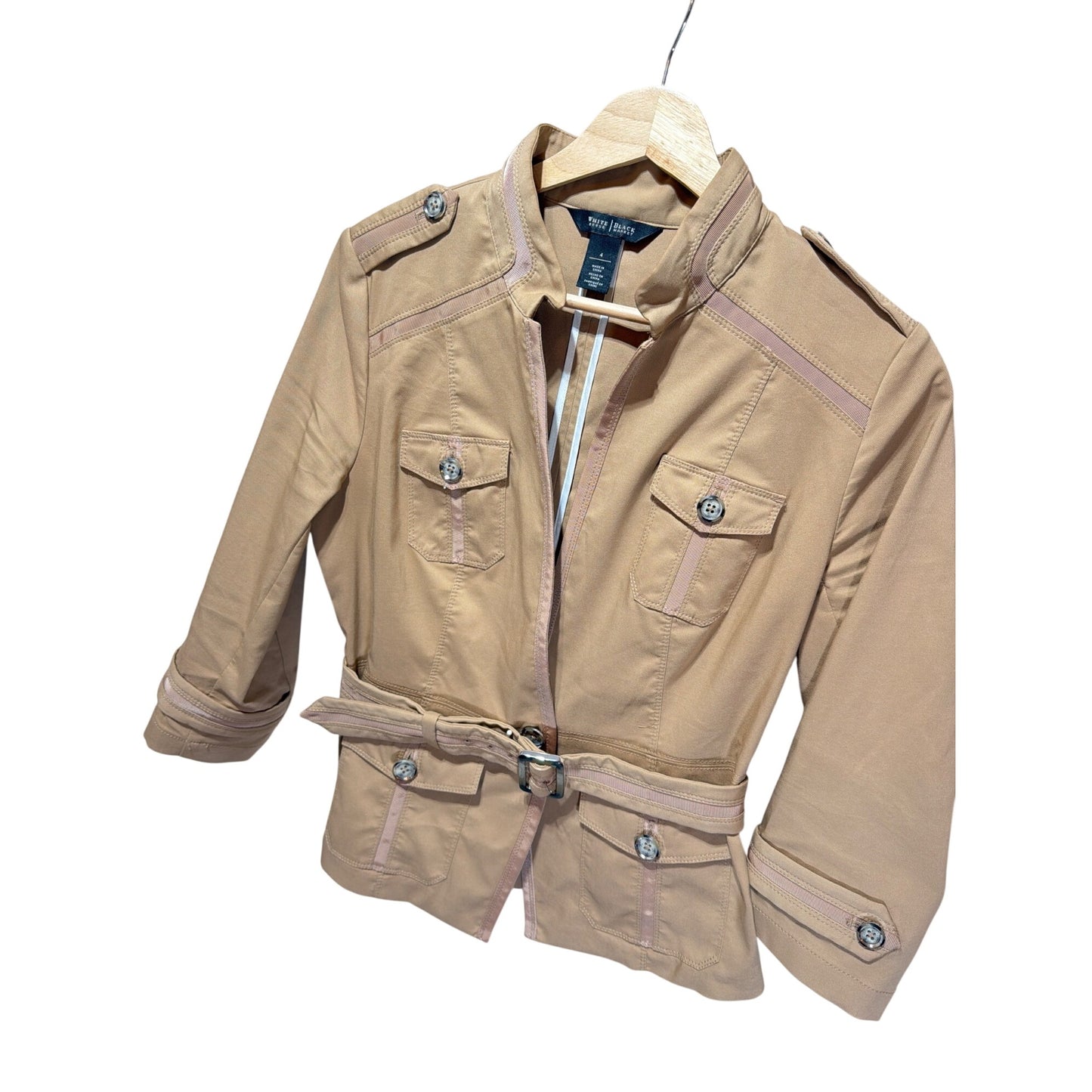White House Black Market Womens Khaki Beige Belted Utility Jacket Blazer Size 4