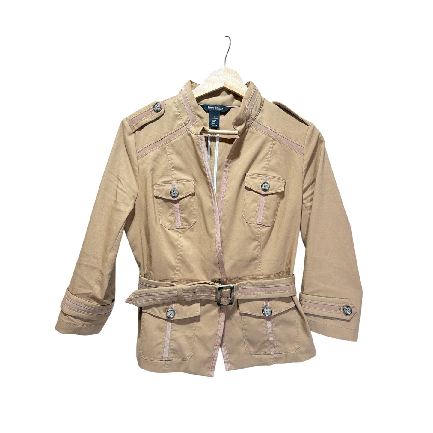 White House Black Market Womens Khaki Beige Belted Utility Jacket Blazer Size 4