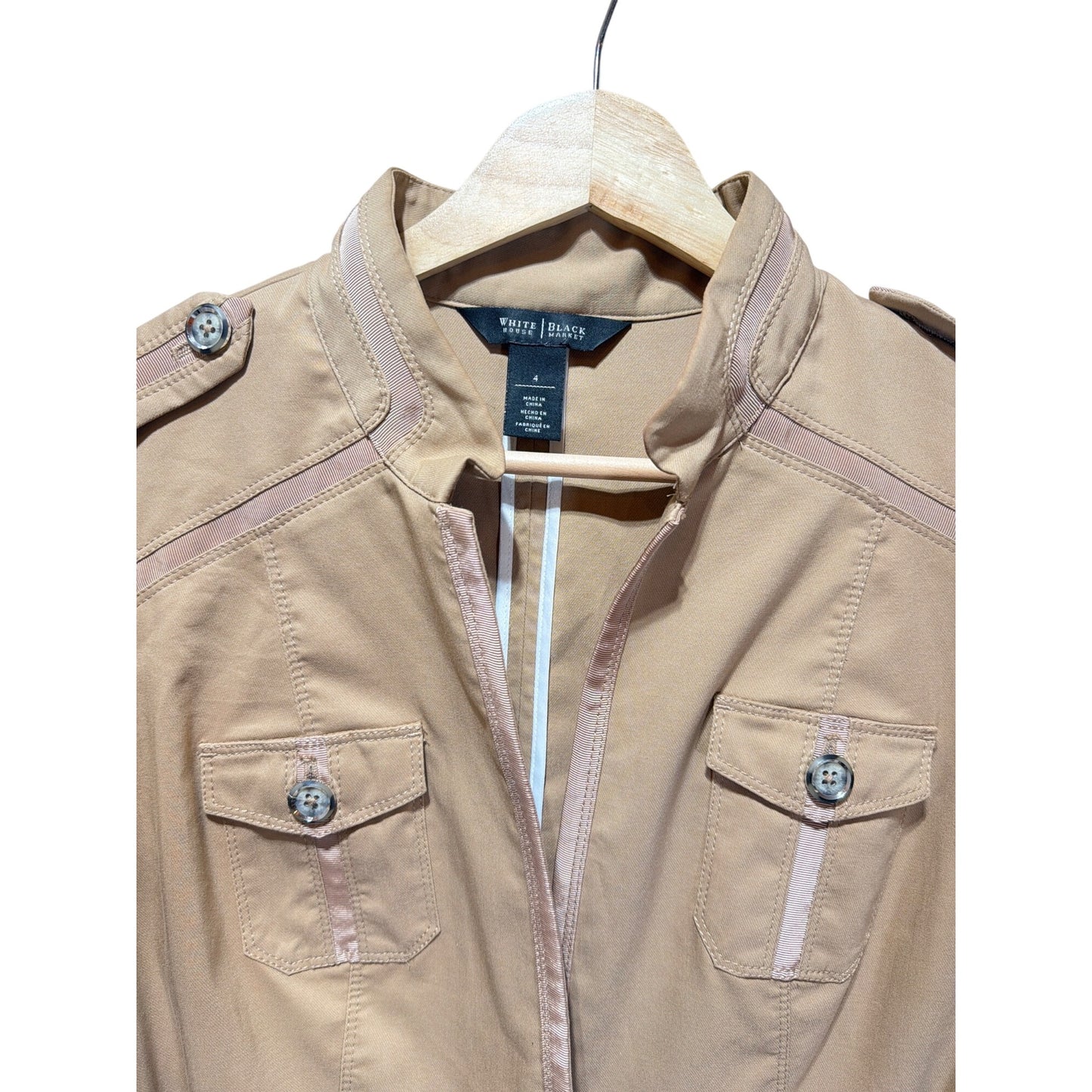 White House Black Market Womens Khaki Beige Belted Utility Jacket Blazer Size 4
