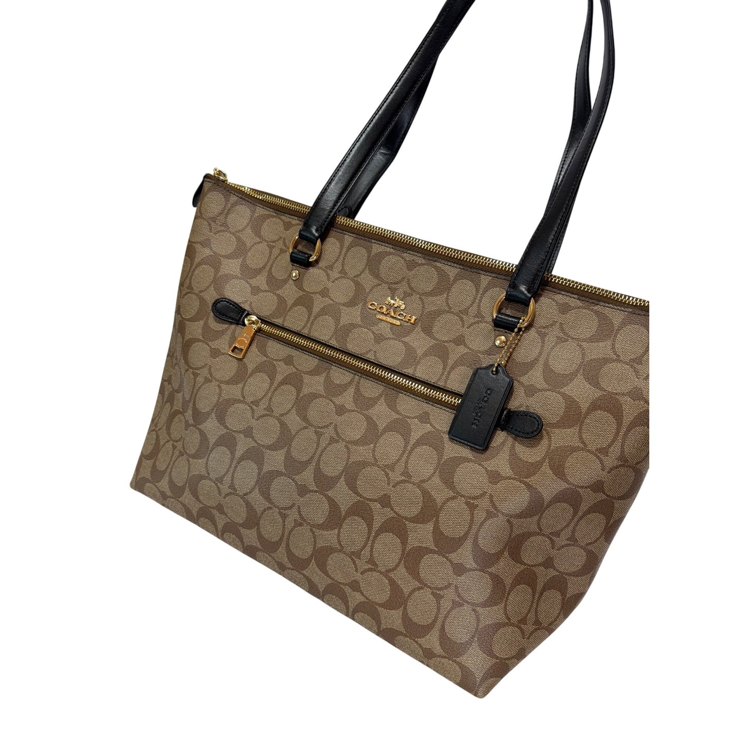 Coach Y2K Gallery Tote Khaki & Black Signature Monogram Canvas Front Pocket Gold Hardware Double Straps Zip Closure