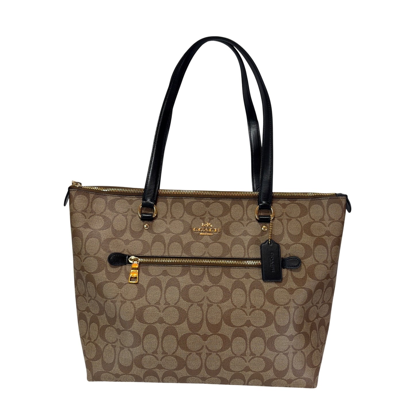 Coach Y2K Gallery Tote Khaki & Black Signature Monogram Canvas Front Pocket Gold Hardware Double Straps Zip Closure