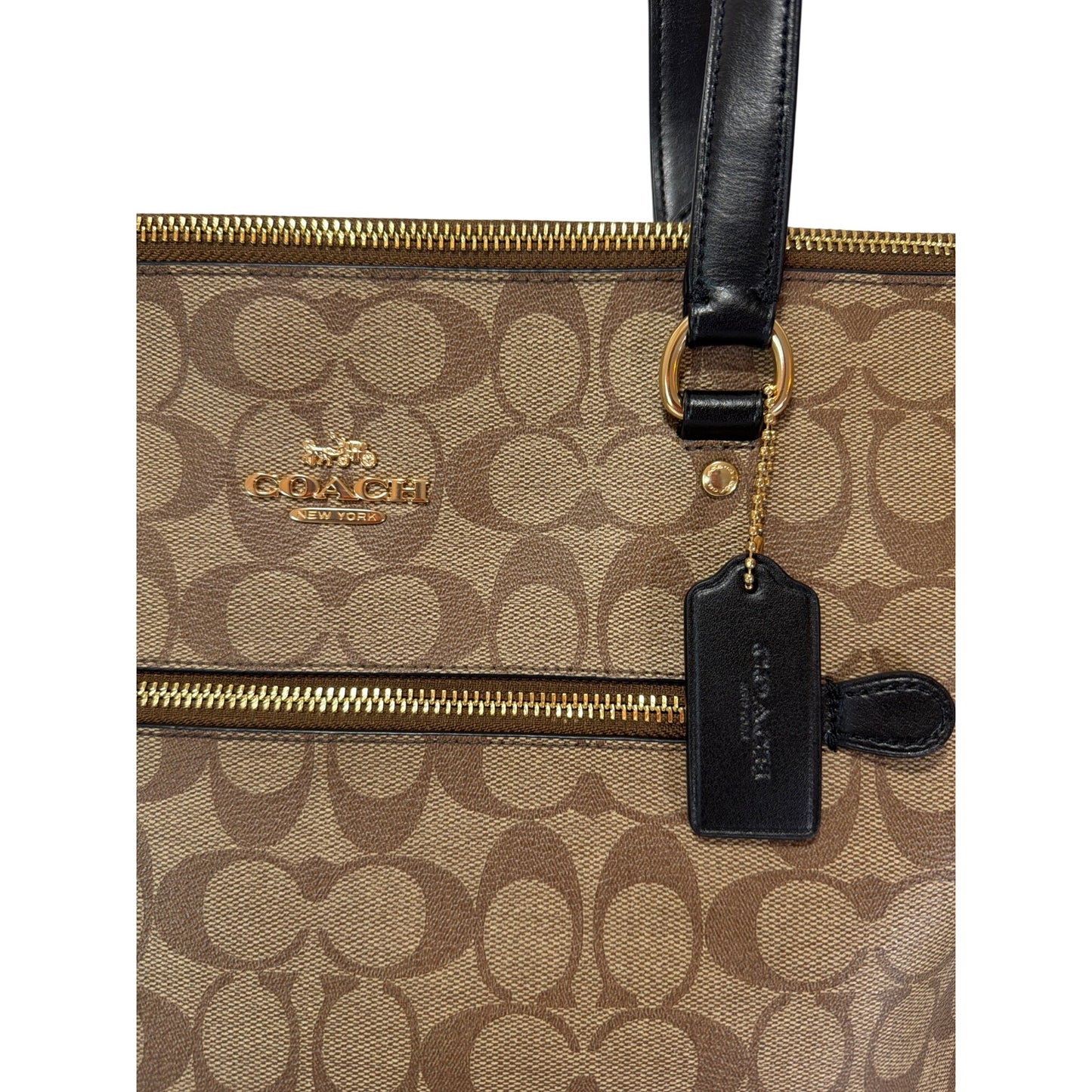 Coach Y2K Gallery Tote Khaki & Black Signature Monogram Canvas Front Pocket Gold Hardware Double Straps Zip Closure