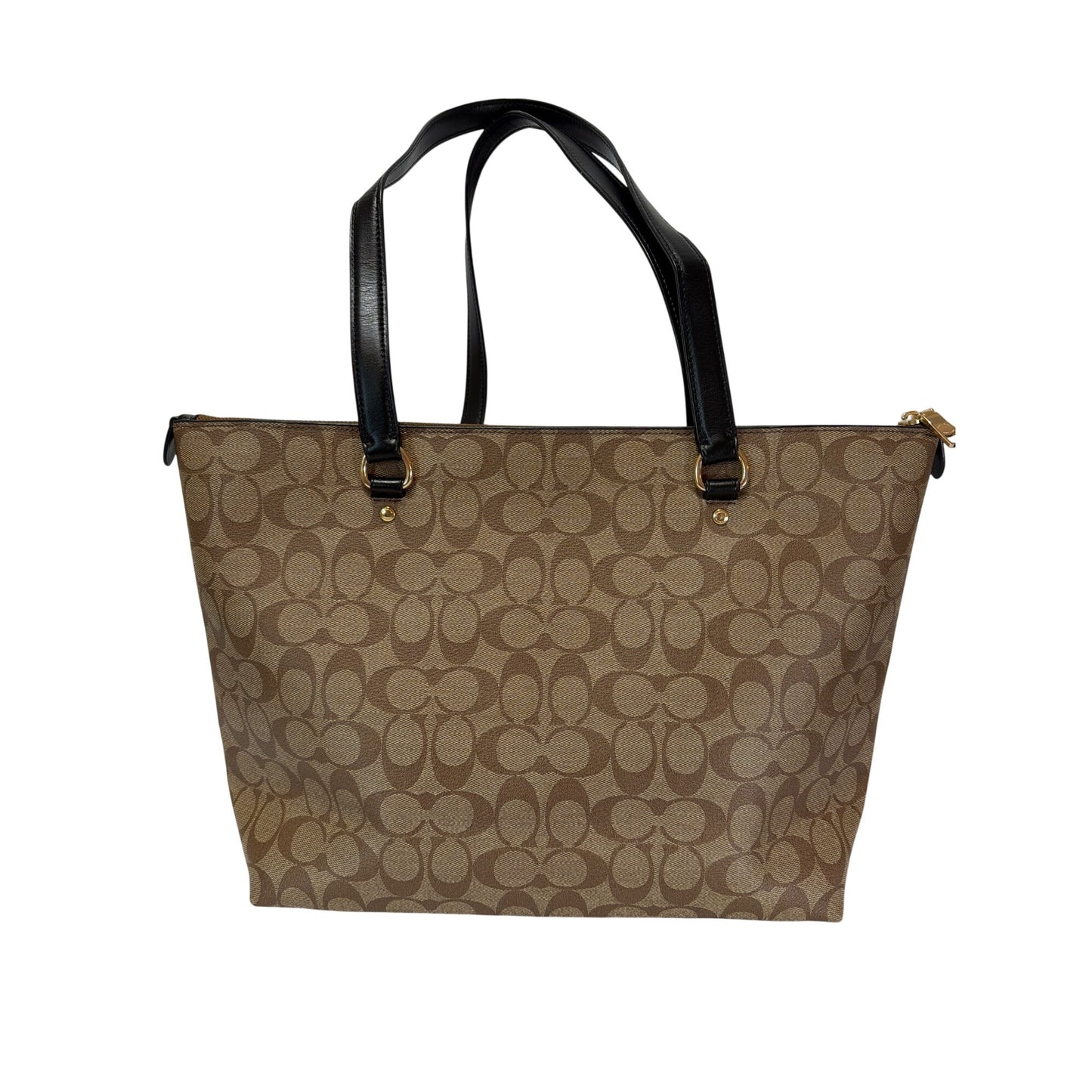 Coach Y2K Gallery Tote Khaki & Black Signature Monogram Canvas Front Pocket Gold Hardware Double Straps Zip Closure