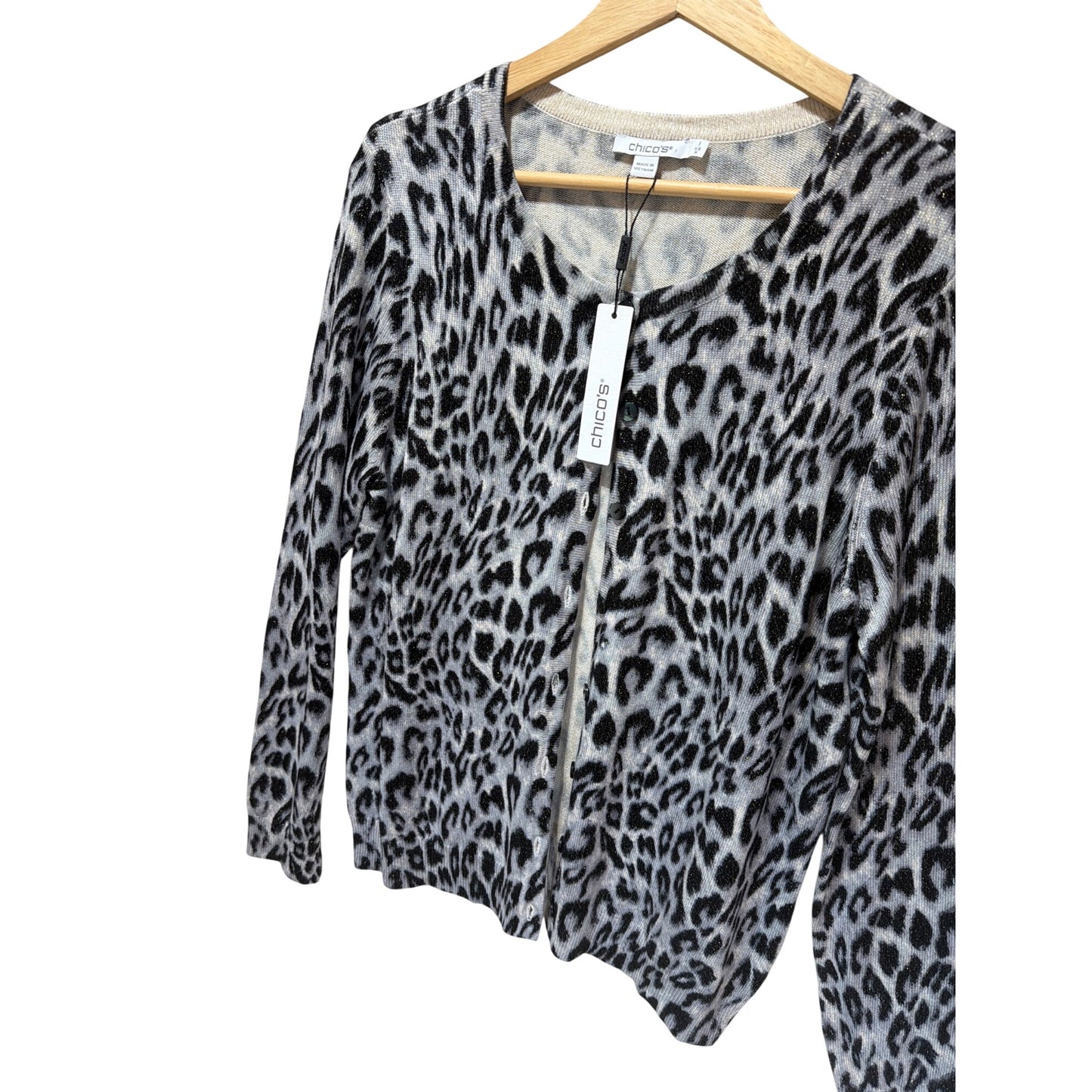 Chicos NWT Sparkly Metallic Leopard Print Cardigan Size M Gray Black