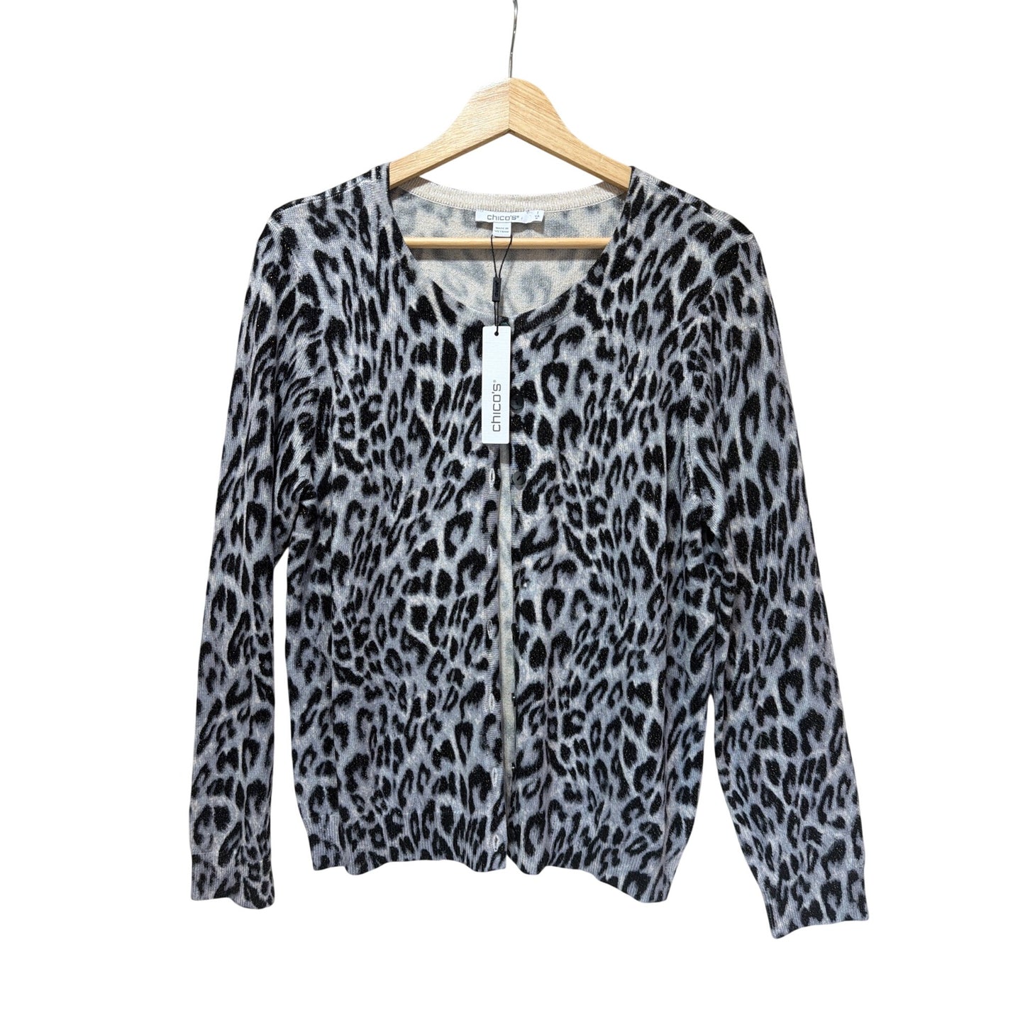 Chicos NWT Sparkly Metallic Leopard Print Cardigan Size M Gray Black