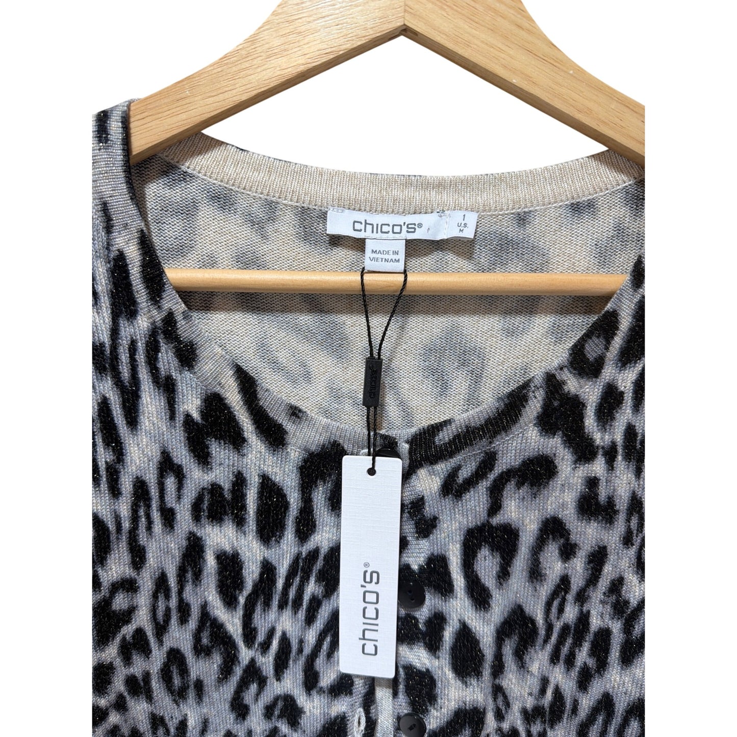 Chicos NWT Sparkly Metallic Leopard Print Cardigan Size M Gray Black