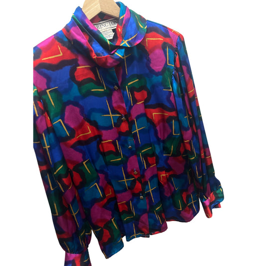 Starington Saks Fifth Avenue Vintage 80's Stained Glass Colorful 100% Silk Blouse