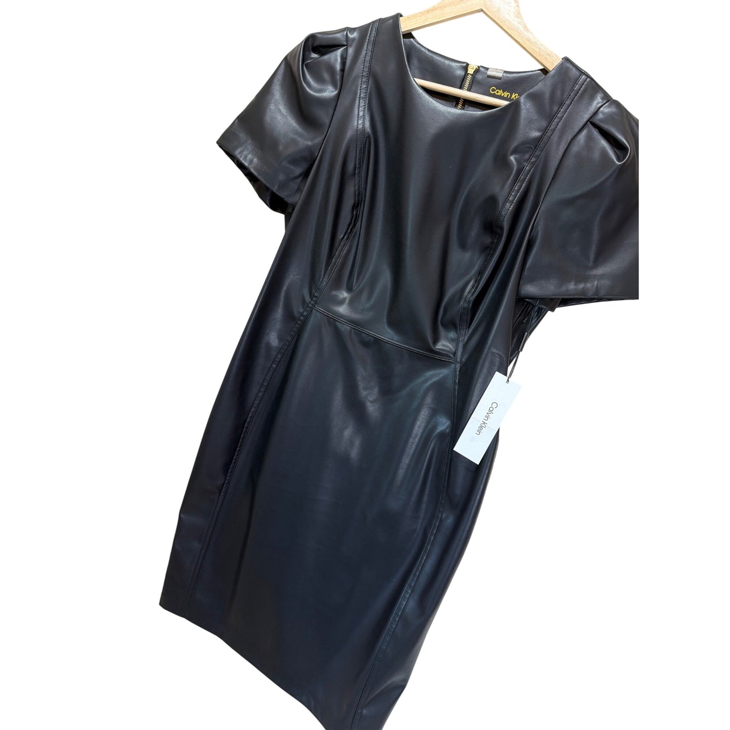Calvin Klein NWT Faux Black Leather Puff Sleeve Sheath Dress Size 12