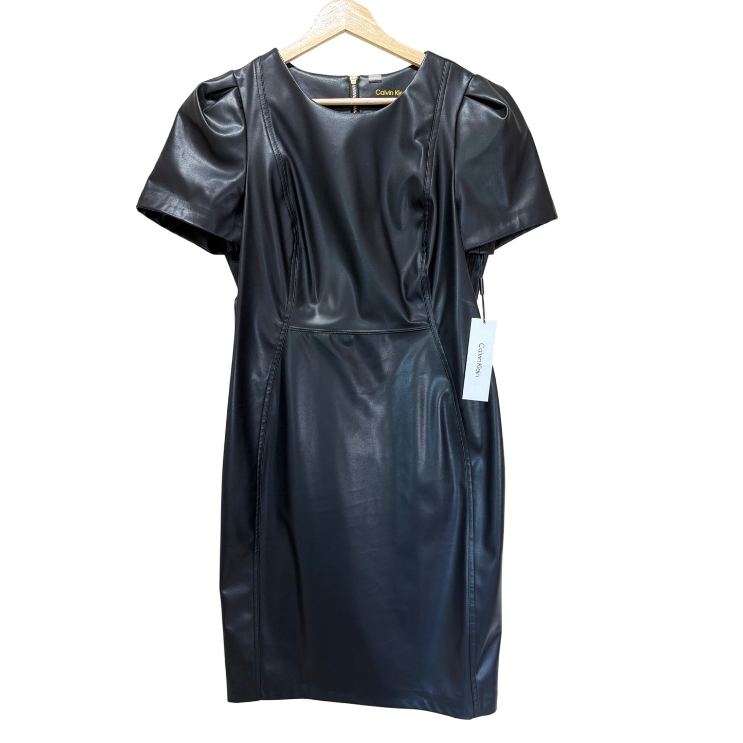 Calvin Klein NWT Faux Black Leather Puff Sleeve Sheath Dress Size 12