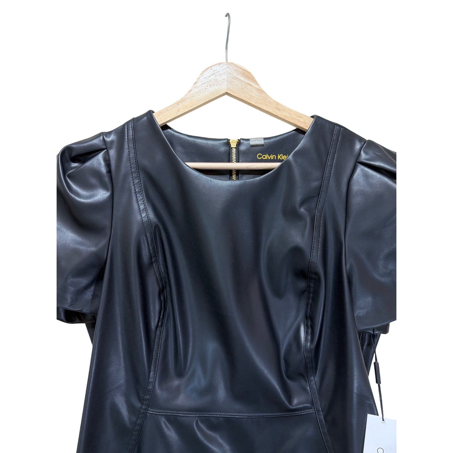 Calvin Klein NWT Faux Black Leather Puff Sleeve Sheath Dress Size 12