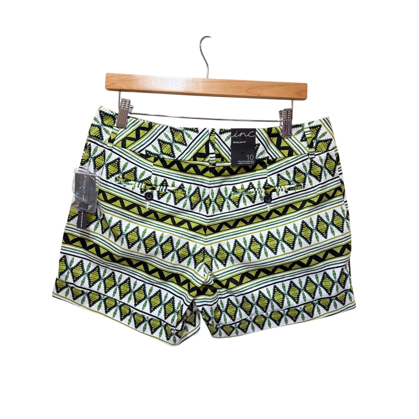 INC International Concepts Womens Green & White Tribal Print Regular Fit Shorts Size 10