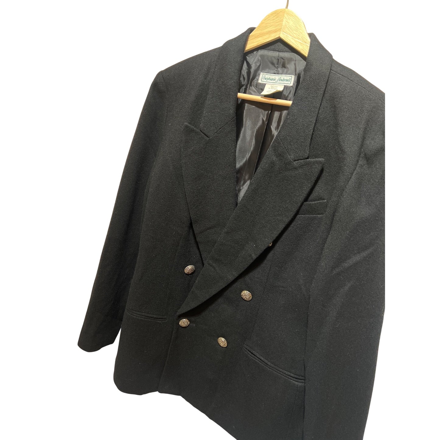 Stephanie Andrews Vintage 80's Black Double-Breasted Blazer With Gold Crest Buttons Size 12