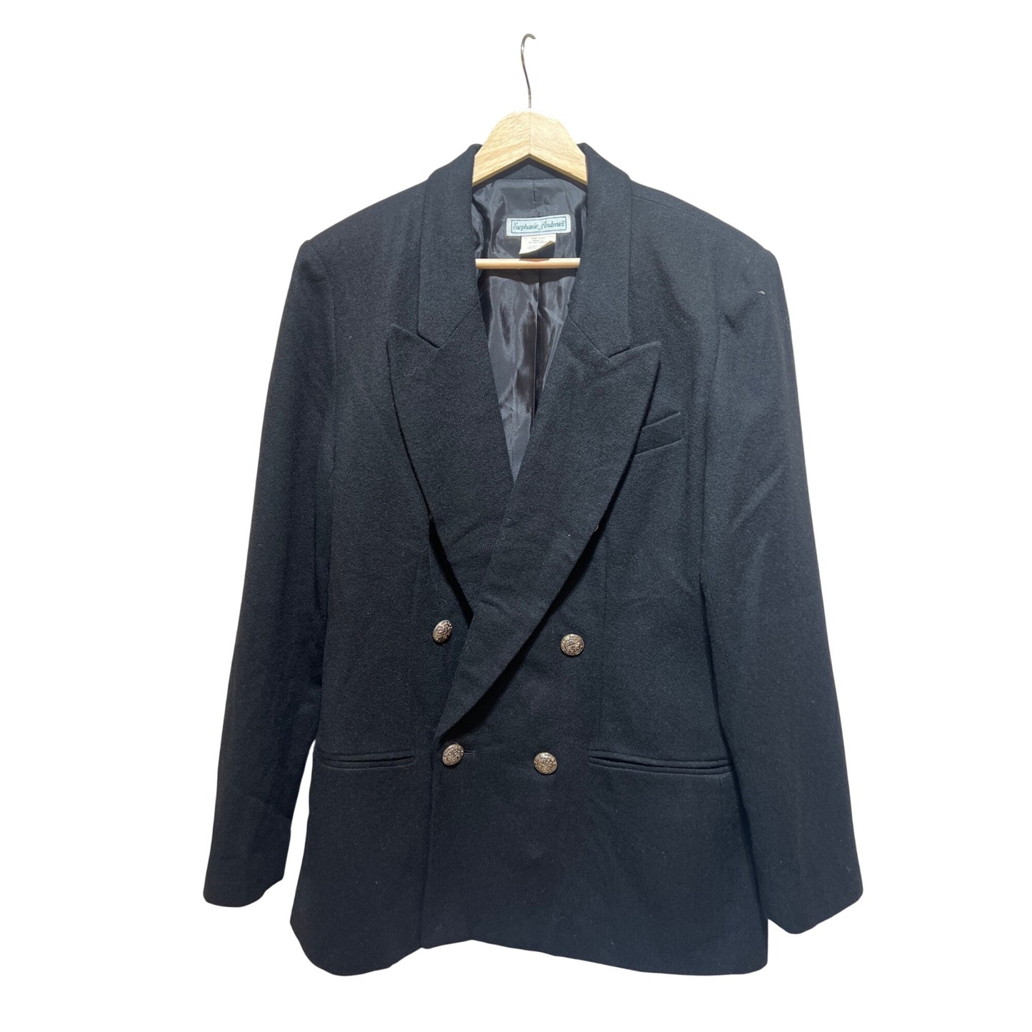 Stephanie Andrews Vintage 80's Black Double-Breasted Blazer With Gold Crest Buttons Size 12