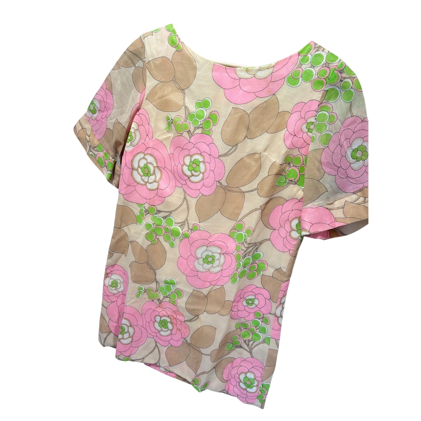 1960s Vintage Mod Floral Short Sleeve Go-Go Shift Dress Beige Pink Green