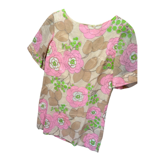 1960s Vintage Mod Floral Short Sleeve Go-Go Shift Dress Beige Pink Green
