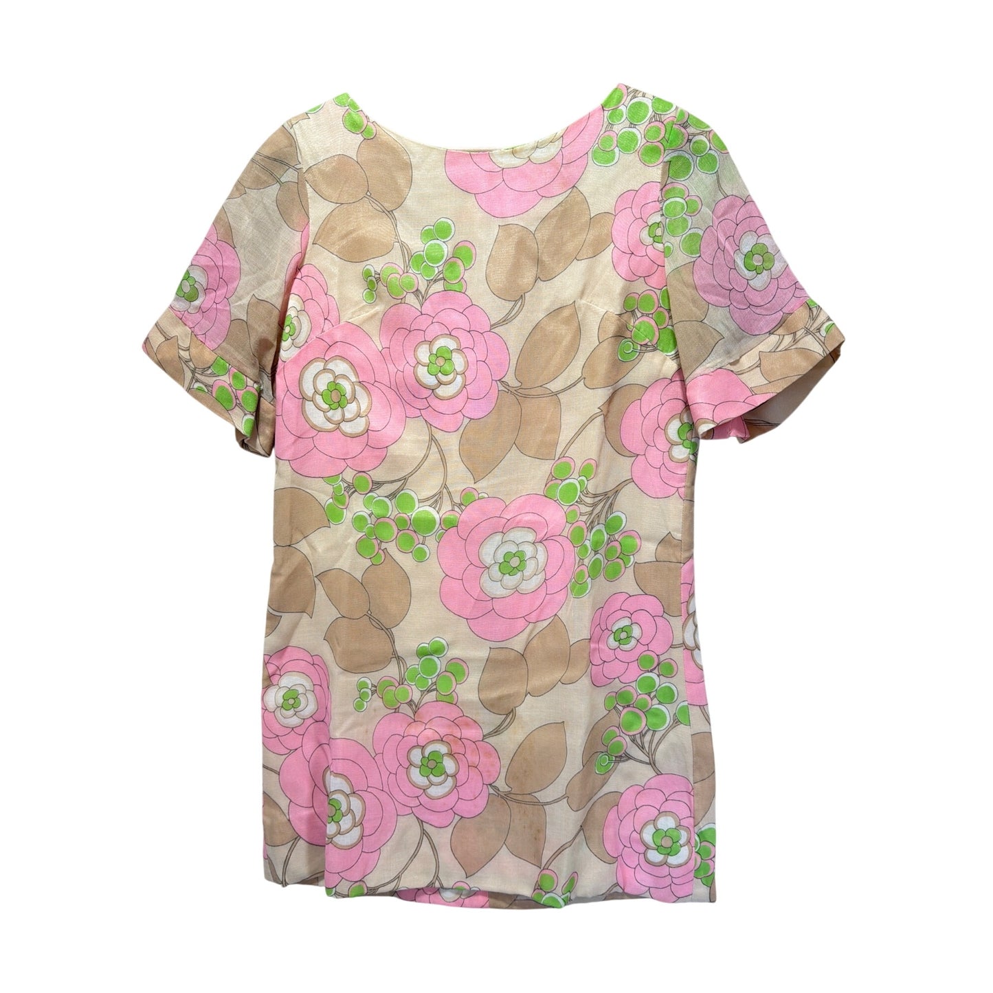 1960s Vintage Mod Floral Short Sleeve Go-Go Shift Dress Beige Pink Green