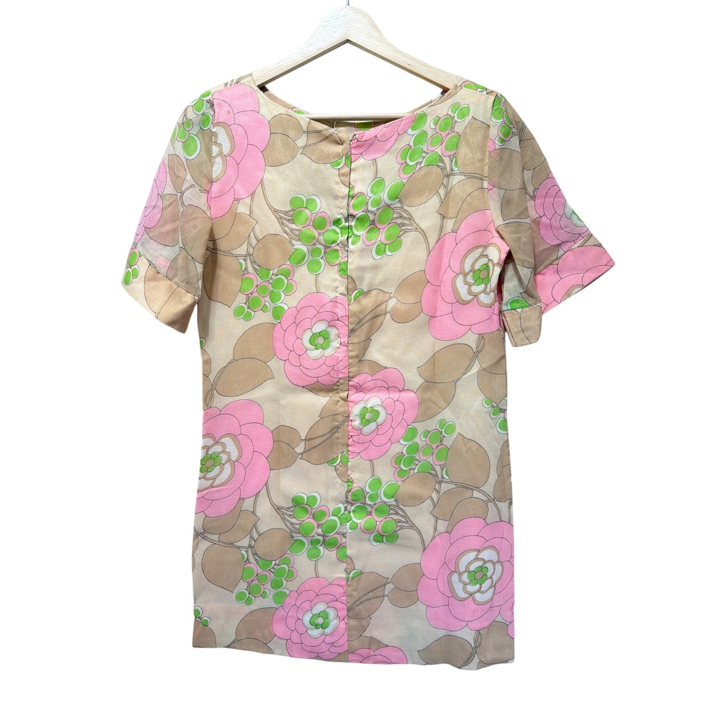 1960s Vintage Mod Floral Short Sleeve Go-Go Shift Dress Beige Pink Green