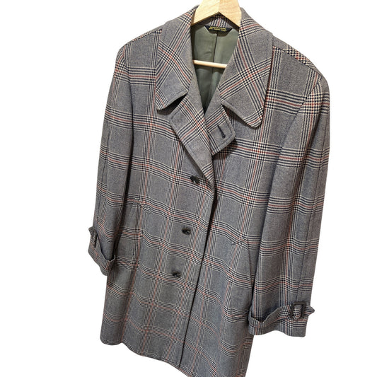 Vintage 1960s Glen Plaid Buckeye Clothes Overcoat With Button Front & Belted Cuffs Gray & Red Lined Cleveland Made In USA