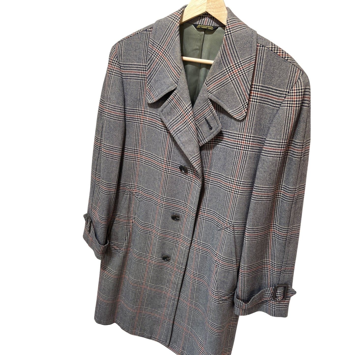 Vintage 1960s Glen Plaid Buckeye Clothes Overcoat With Button Front & Belted Cuffs Gray & Red Lined Cleveland Made In USA