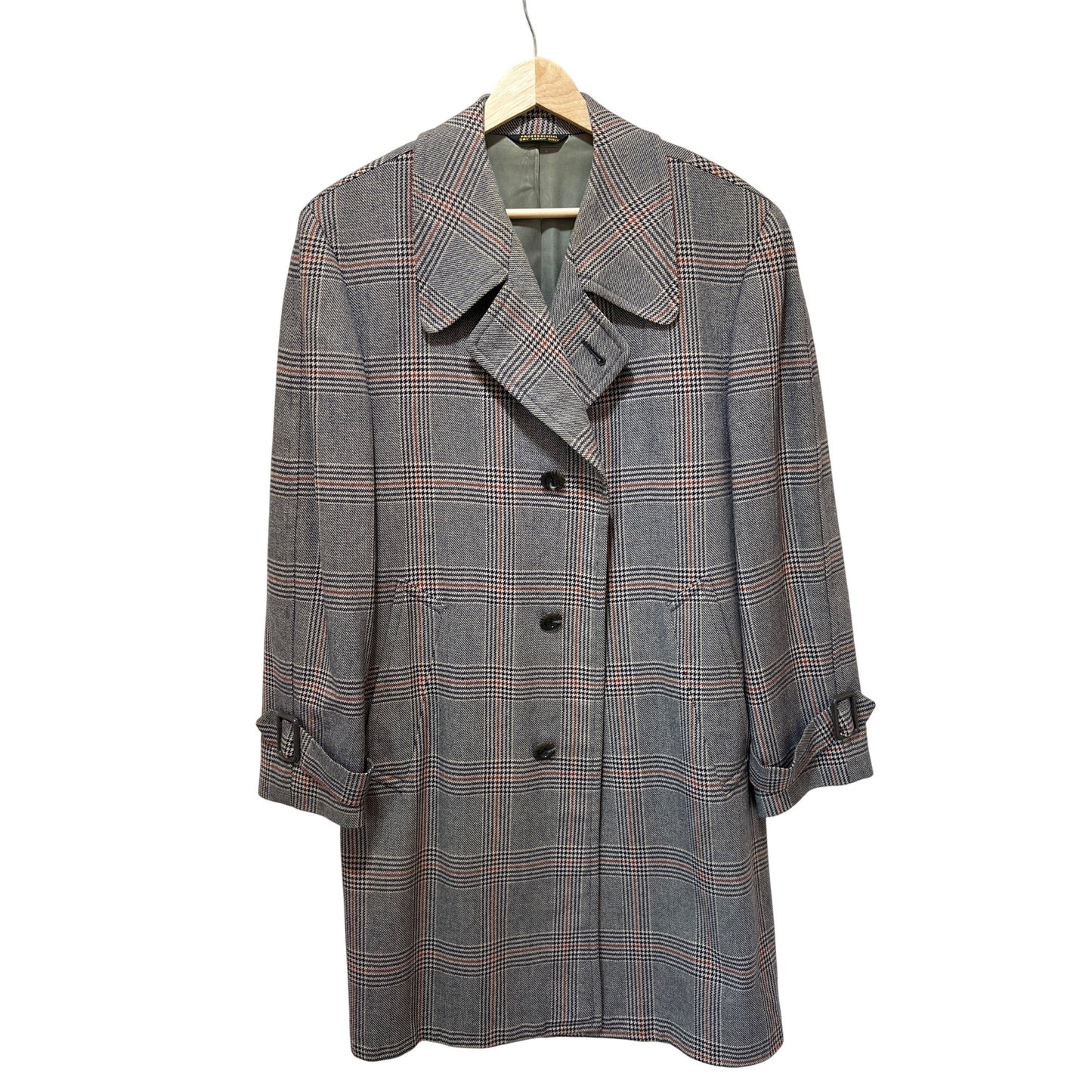 Vintage 1960s Glen Plaid Buckeye Clothes Overcoat With Button Front & Belted Cuffs Gray & Red Lined Cleveland Made In USA