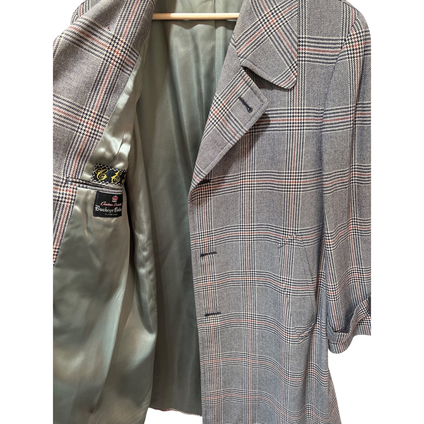 Vintage 1960s Glen Plaid Buckeye Clothes Overcoat With Button Front & Belted Cuffs Gray & Red Lined Cleveland Made In USA