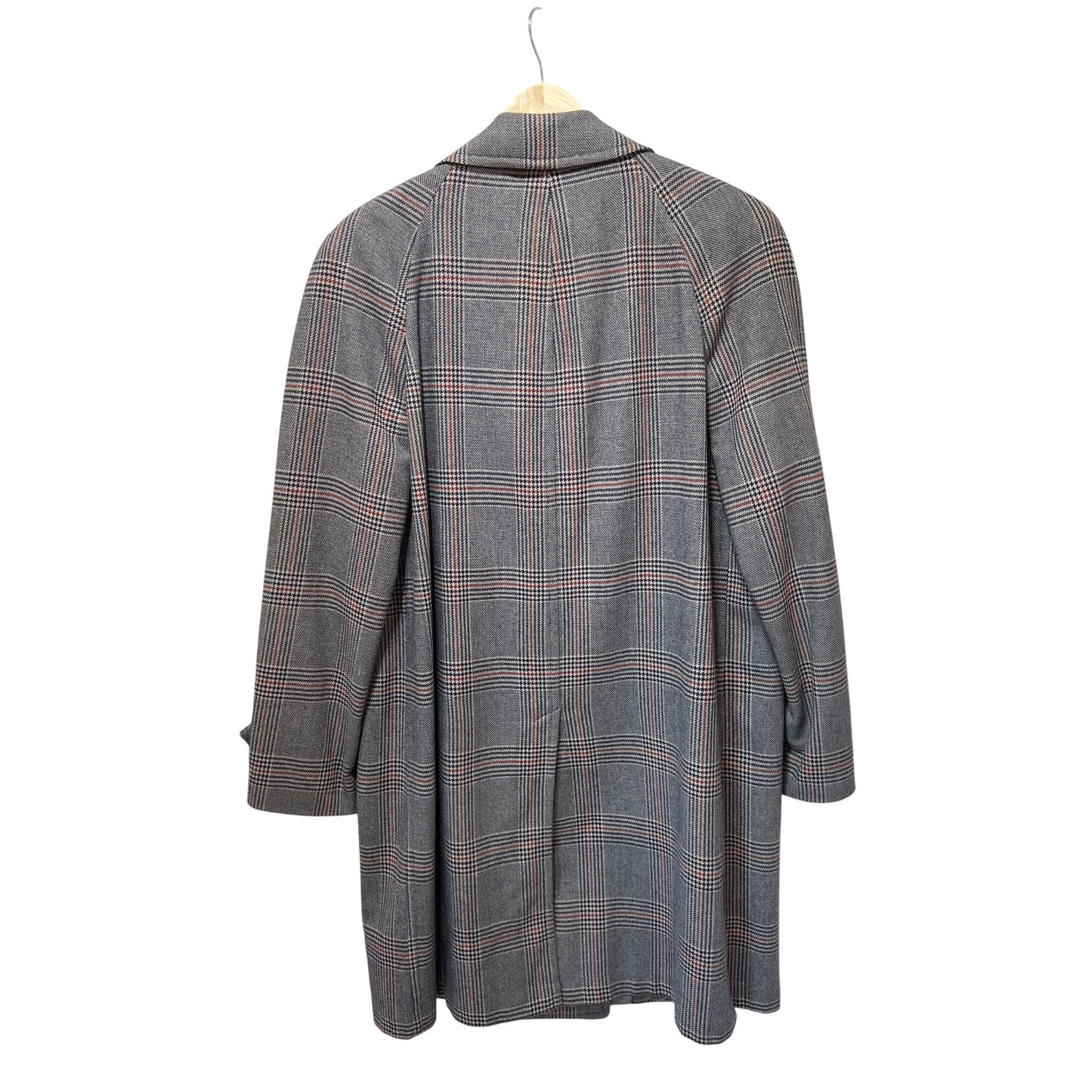 Vintage 1960s Glen Plaid Buckeye Clothes Overcoat With Button Front & Belted Cuffs Gray & Red Lined Cleveland Made In USA