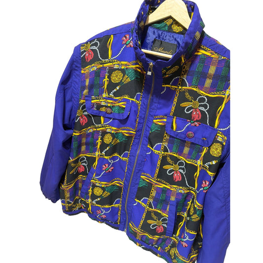 Mureli Vintage 80s Purple Baroque Chain & Plaid Print Convertible Windbreaker Bomber Jacket