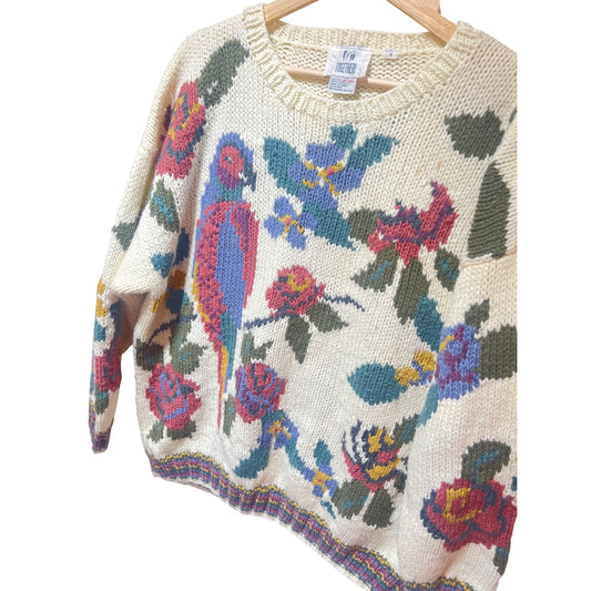 Vintage 90's Together Floral Parrot Knit Sweater - Ivory With Multicolor Pattern - Size S - 100% Acrylic