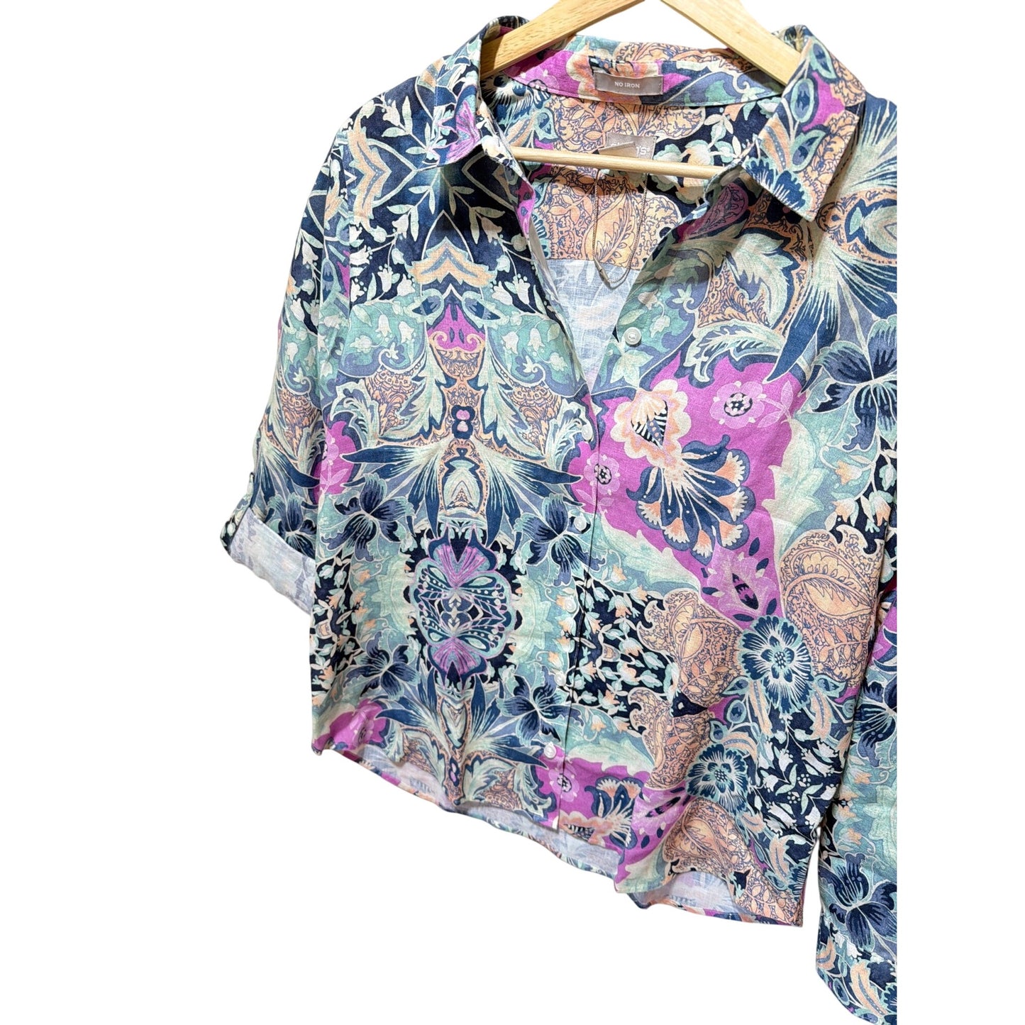 Chico's NWT Floral Paisley Button-Up 100% Linen Shirt Multicolor Roll-Tab Sleeves