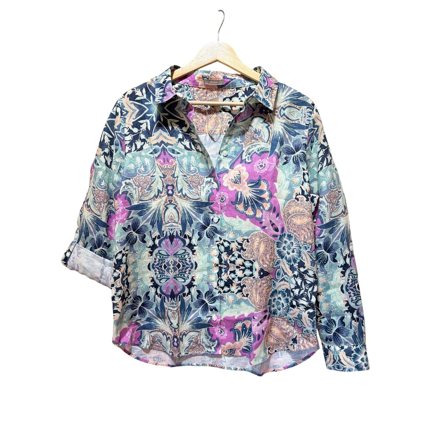 Chico's NWT Floral Paisley Button-Up 100% Linen Shirt Multicolor Roll-Tab Sleeves