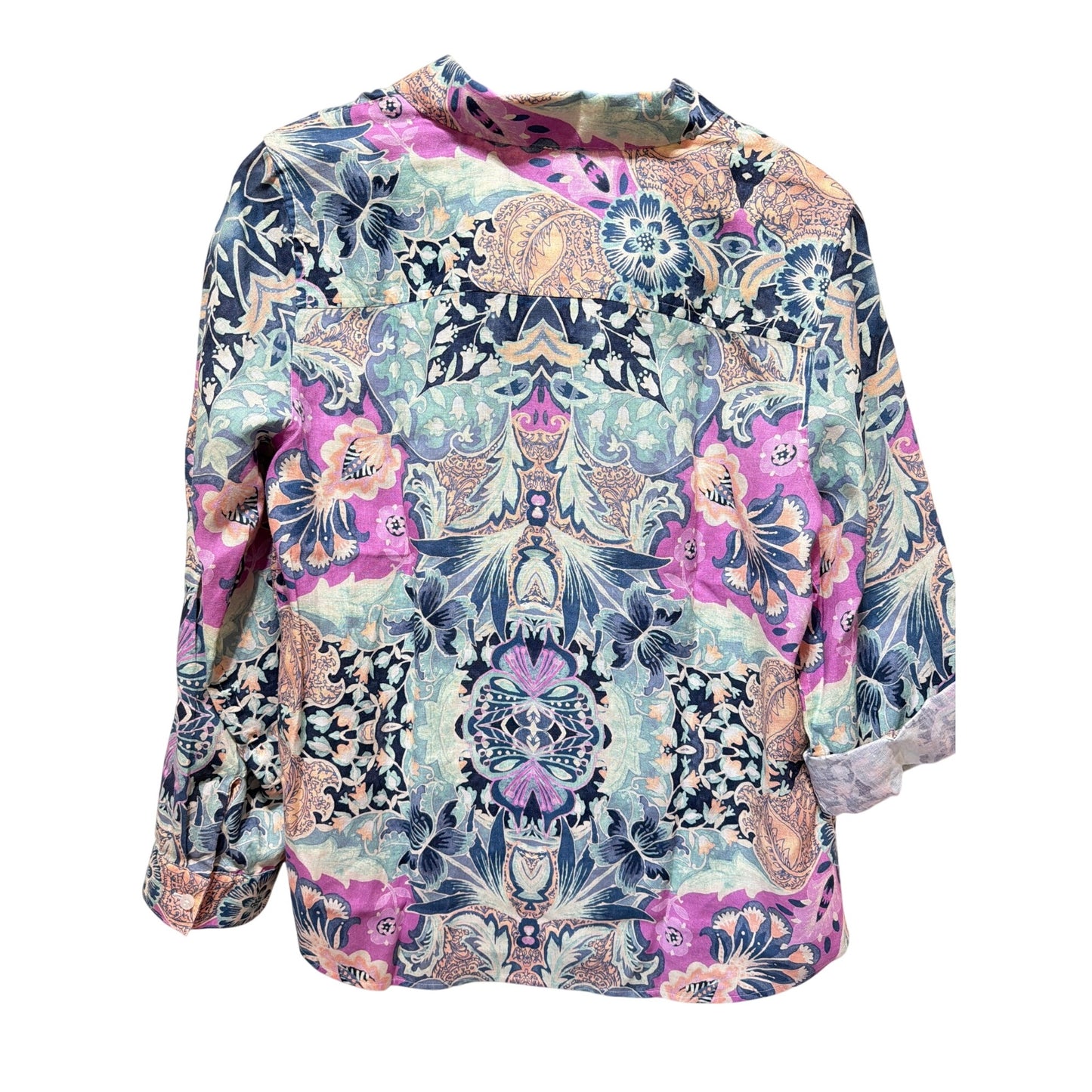 Chico's NWT Floral Paisley Button-Up 100% Linen Shirt Multicolor Roll-Tab Sleeves