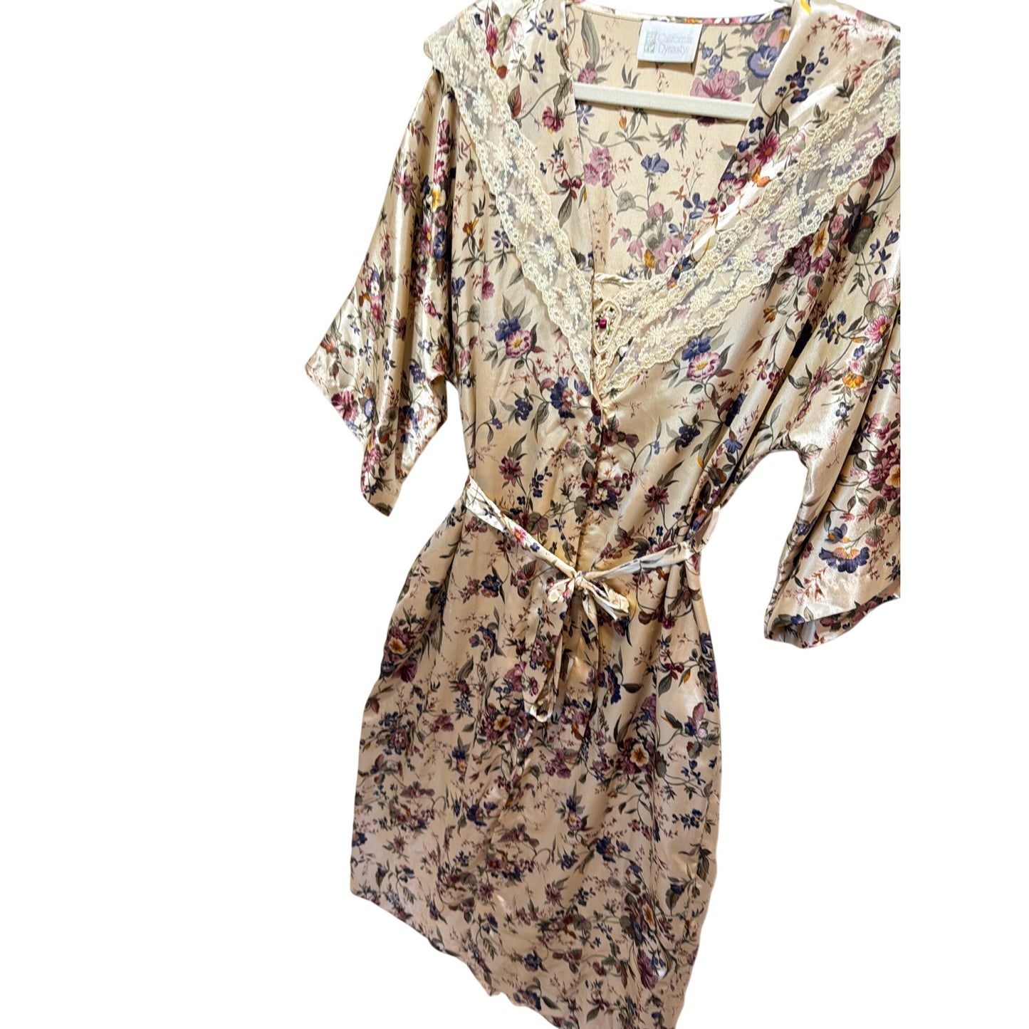 California Dynasty Vintage 80's Satin Floral Robe and Nightgown Peignoir Set
