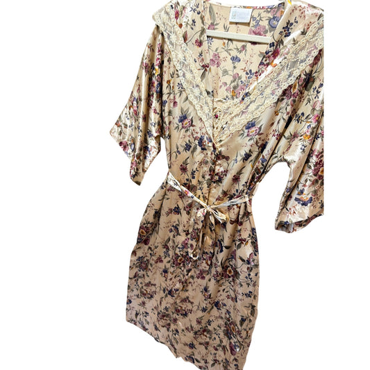 California Dynasty Vintage 80's Satin Floral Robe and Nightgown Peignoir Set