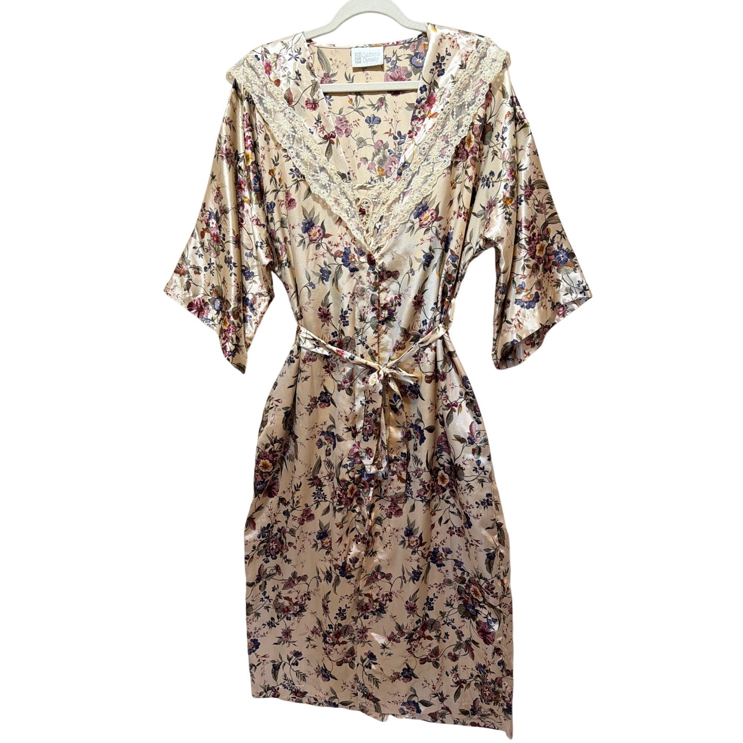 California Dynasty Vintage 80's Satin Floral Robe and Nightgown Peignoir Set