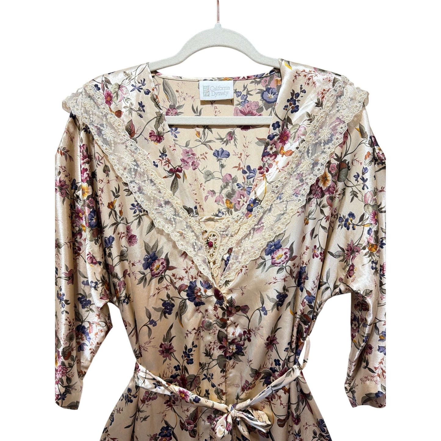 California Dynasty Vintage 80's Satin Floral Robe and Nightgown Peignoir Set