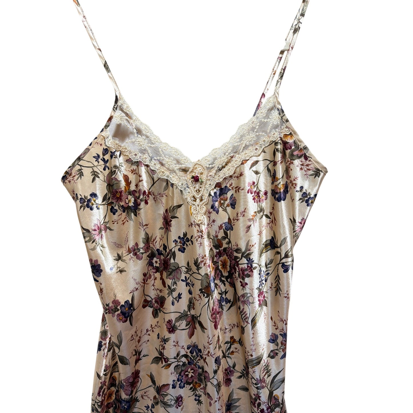 California Dynasty Vintage 80's Satin Floral Robe and Nightgown Peignoir Set