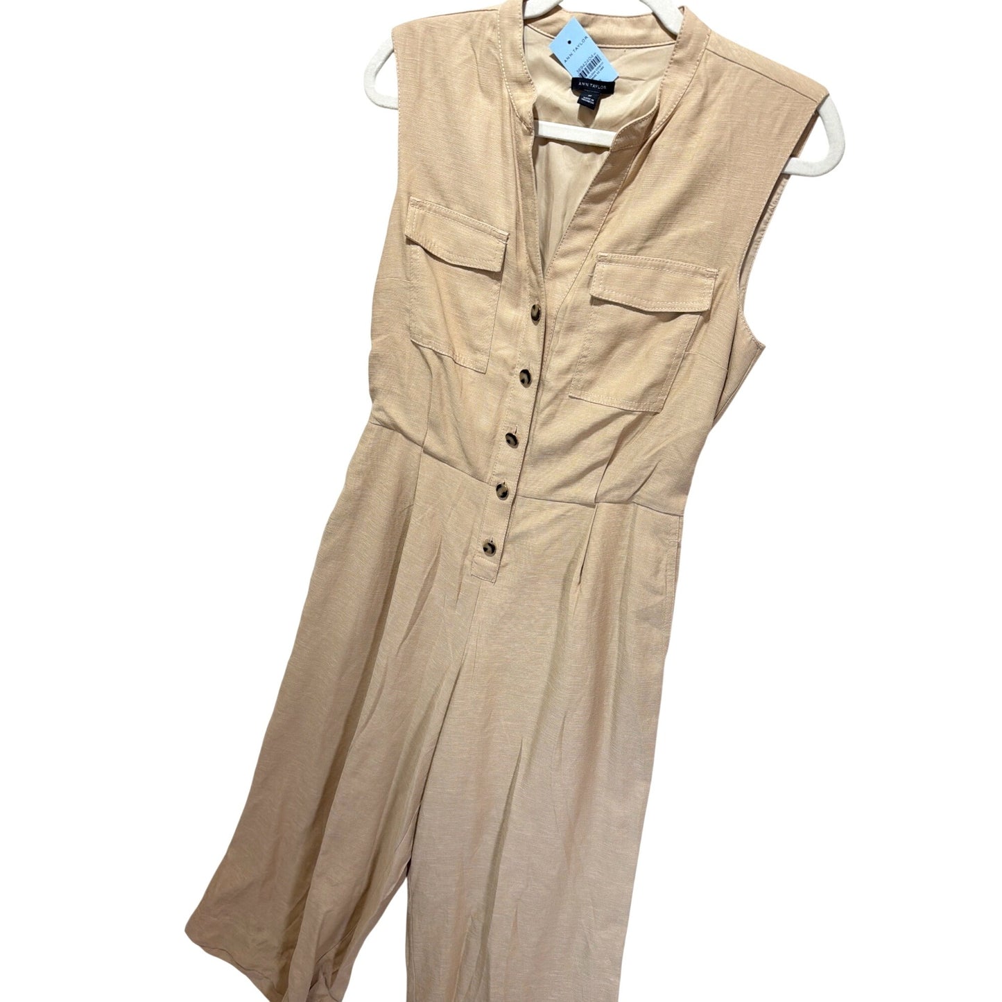 Ann Taylor NWT Linen Blend Wide Leg Sleeveless Button Jumpsuit In Neutral Beige Size 8P