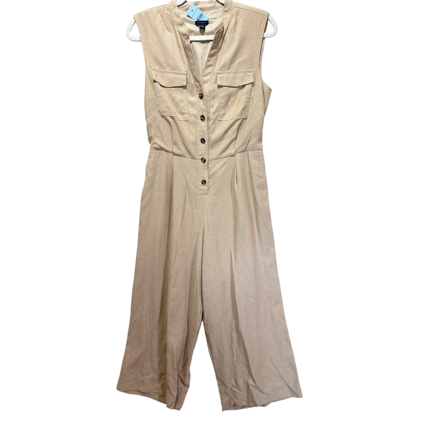 Ann Taylor NWT Linen Blend Wide Leg Sleeveless Button Jumpsuit In Neutral Beige Size 8P