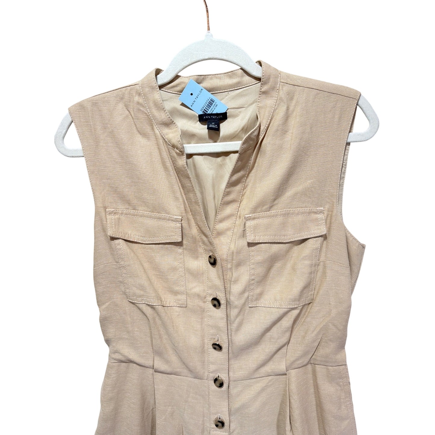 Ann Taylor NWT Linen Blend Wide Leg Sleeveless Button Jumpsuit In Neutral Beige Size 8P