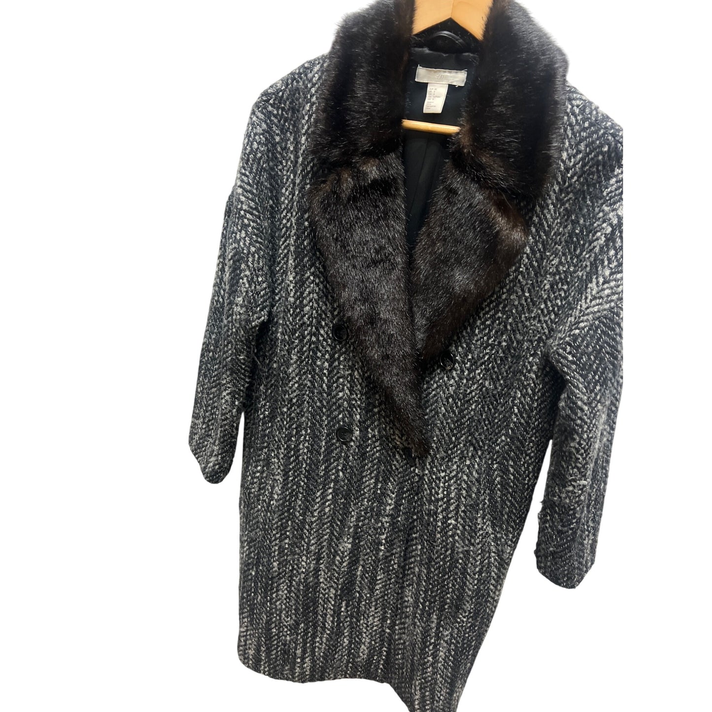 H&M Wool Blend Faux Fur Collar Tweed Overcoat