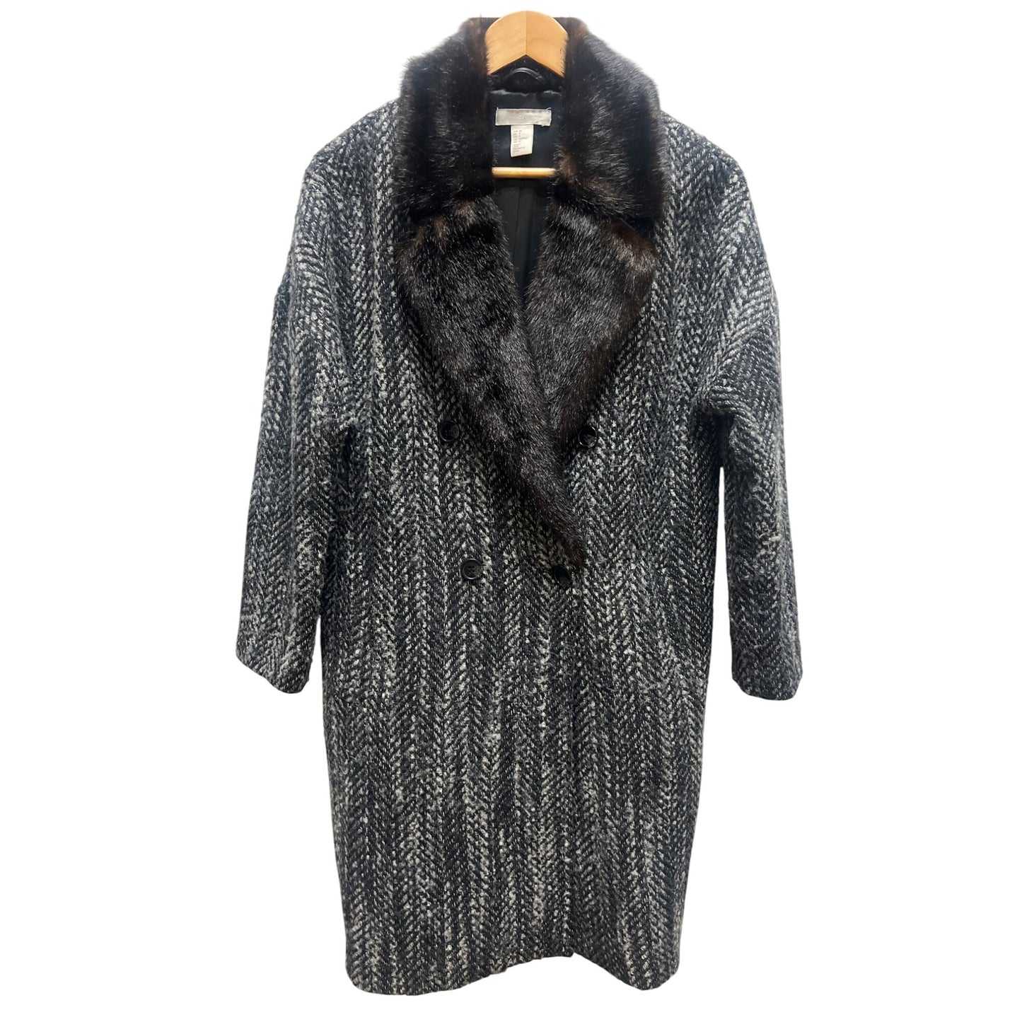 H&M Wool Blend Faux Fur Collar Tweed Overcoat