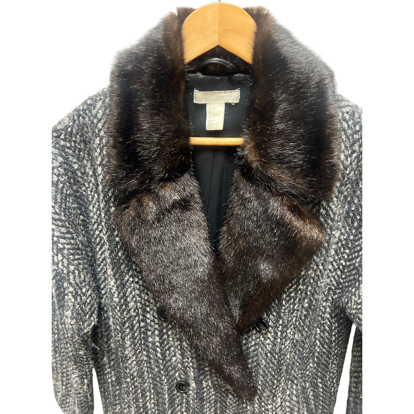 H&M Wool Blend Faux Fur Collar Tweed Overcoat